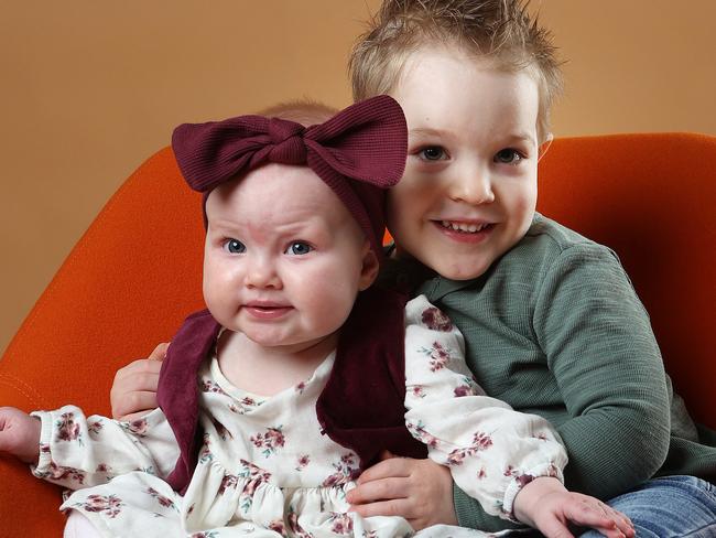 Qweekend. Chris Stewart, 37, and Tammy Stewart, 34, Connor Stewart, 2, and Thea Stewart, 7 months-old, Siblings were created from the same batch of embryos, IVF ÃtwinsÃ but were born more than a year apart, Bowen Hills. Picture: Liam Kidston