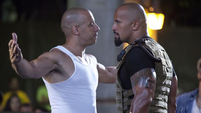 Vin Diesel and Dwayne Johnson in Fast Five.