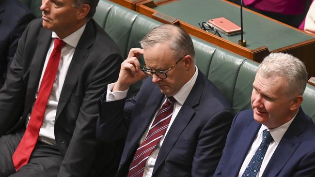 Prime Minister Anthony Albanese during Mr Dutton’s budget reply speech. Picture: NCA NewsWire / Martin Ollman