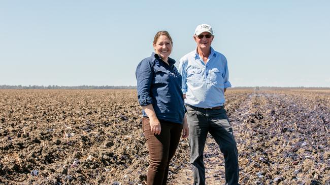 Dr Meredith Conaty with cotton grower and Goondiwindi Cotton founder Sam Coulton on Alcheringa. Picture: Melanie Jenson