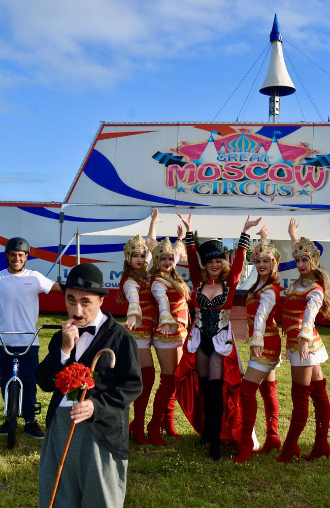 The Great Moscow Circus has arrived in Mackay after a week in Moranbah. From left to right: BMX rider Luis Rincon, dancers Tianni and Tanika Weber, vocalist Diana Holt, dancers Wonona and Tahlia Weber and clown Gagik (front).