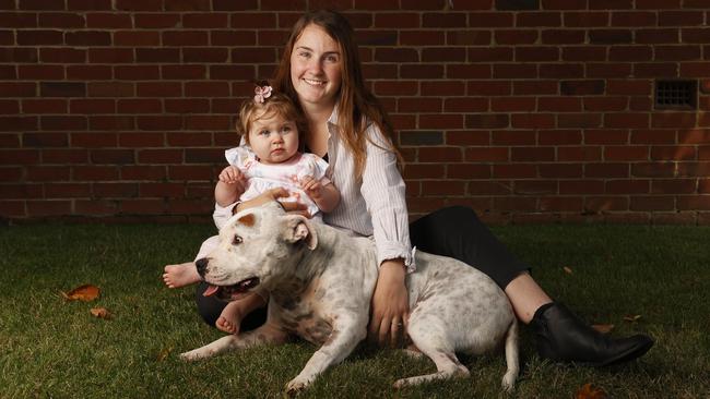 Grace Hills with daughter Matilda 11 months and dog Max. Grace Hills with her dog Max the three year old Staffy that survived a snake bite resulting in a vet bill worth $25,000 of treatment. Picture: Nikki Davis-Jones