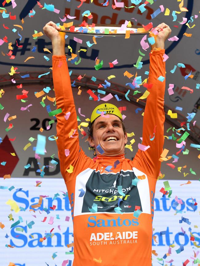 Daryl Impey celebrates winning the 2018 Tour Down Under. Picture: AAP Image/David Mariuz