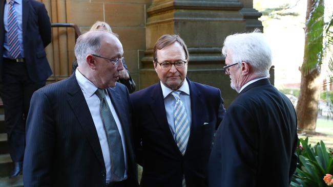 Anthony Tudehope, Philip Rofe, nephew and Brendan Hull at the funeral for Sydney barrister David Rofe at All Saints church in Woollahra in Sydney Picture: John Feder