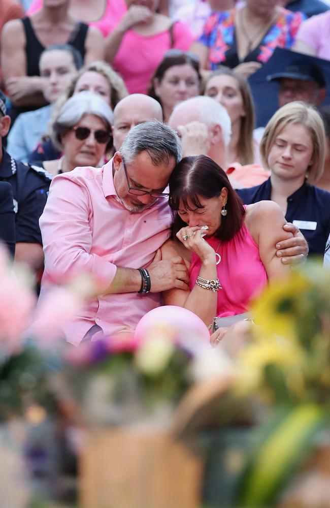 Hannah Clarke’s parents, Lloyd and Suzanne Clarke, crying at a public memorial of the family murdered. Picture: Jono Searle/Getty