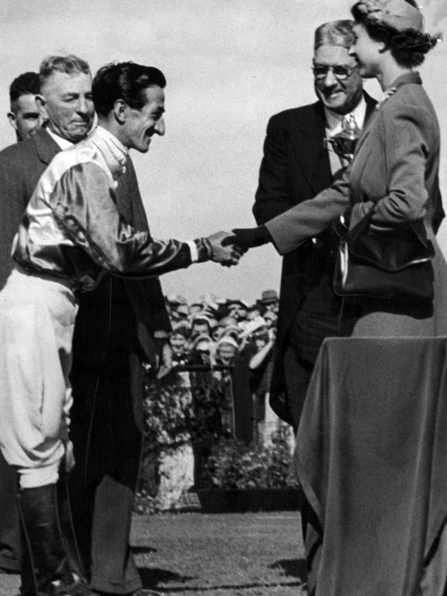 Jockey Jack Purtell was congratulated by the Queen at Flemington in 1954. Picture: Supplied