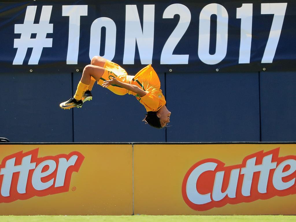 Sam Kerr backflips after scoring a goal against Japan in the 2017 Tournament of Nations at Qualcomm Stadium in San Diego. Instantly iconic. Picture: Sean M. Haffey/Getty Images