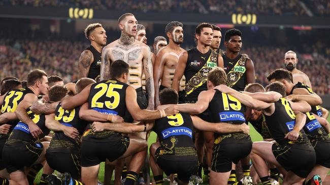 Richmond players during tonight’s war cry dance. Photo by Michael Klein.