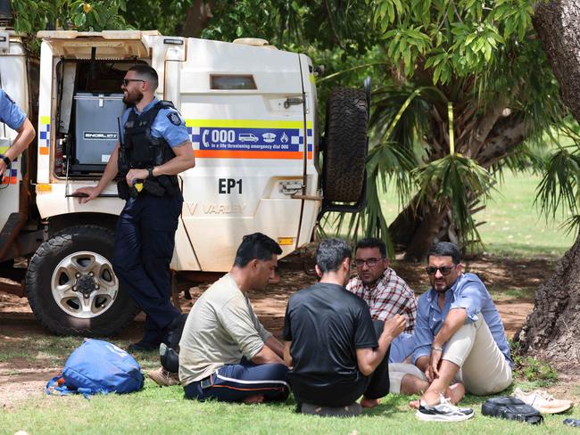 16-02-2024 - Men believed to be from Pakistan are pictured with ABF officers in Beagle Bay, WA. Picture: Bardi and Jawi Aboriginal Corporation