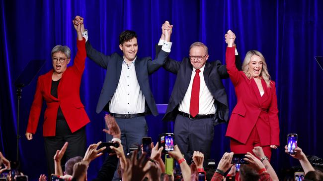 Anthony Albanese wins a second term and is pictured on stage with Penny Wong, son Nathan and partner Jodie. Picture: Sam Ruttyn