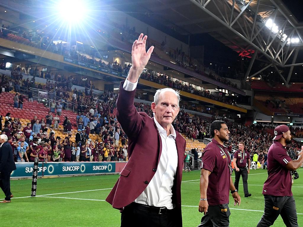 BRISBANE, AUSTRALIA - NOVEMBER 18: Maroons coach Wayne Bennett celebrates victory after game three of the State of Origin series between the Queensland Maroons and the New South Wales Blues at Suncorp Stadium on November 18, 2020 in Brisbane, Australia. (Photo by Bradley Kanaris/Getty Images)