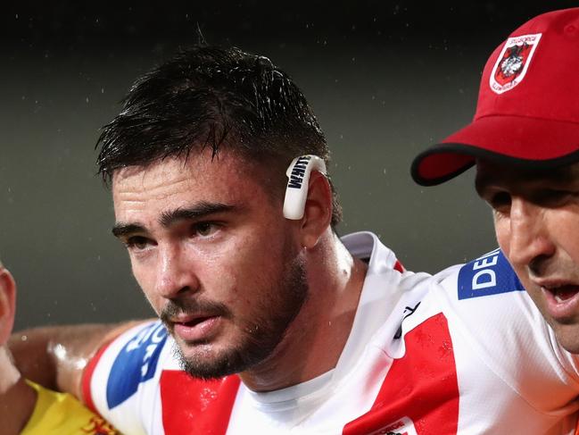 SYDNEY, AUSTRALIA - JULY 22: Cody Ramsey of the Dragons is assisted from the field after injuring his knee during the round 19 NRL match between the St George Illawarra Dragons and the Manly Warringah Sea Eagles at Netstrata Jubilee Stadium, on July 22, 2022, in Sydney, Australia. (Photo by Jason McCawley/Getty Images)