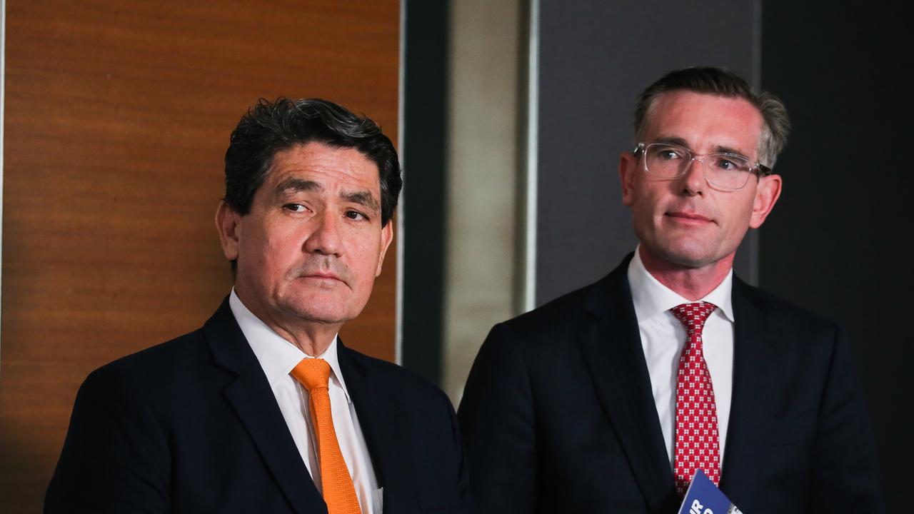 Member for Parramatta Geoff Lee and Premier Dominic Perrottet at a press conference for the Parramatta Light rail stage 2 funding on Wednesday morning. Picture: Gaye Gerard