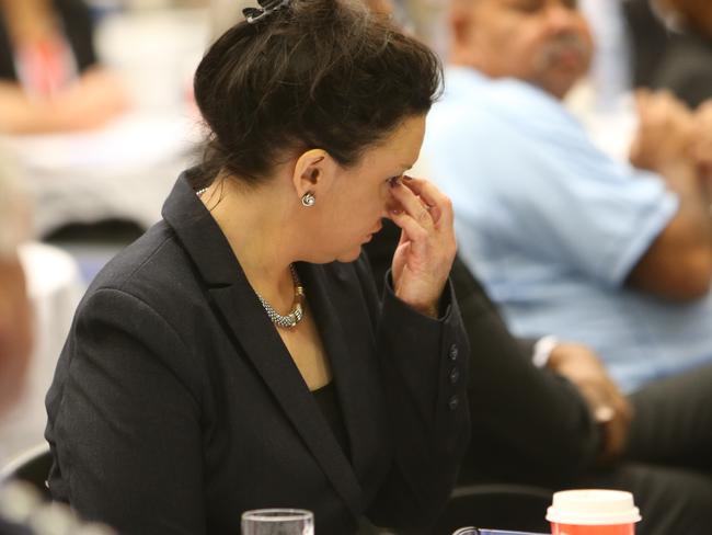 Jacqui Lambie was emotional while announcing her decision to resign this morning. Picture: Annette Dew