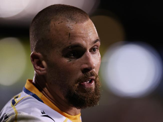 PENRITH, AUSTRALIA - MARCH 15: Clint Gutherson of the Eels looks on during the round two NRL match between Penrith Panthers and Parramatta Eels at BlueBet Stadium, on March 15, 2024, in Penrith, Australia. (Photo by Jason McCawley/Getty Images)