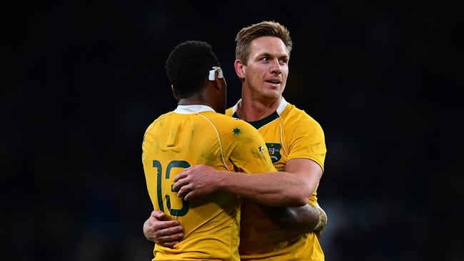 Samu Kerevi celebrates with Dane Haylett-Petty at Twickenham.