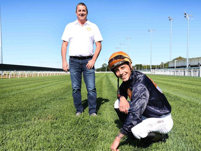 Gold Coast Turf Club  Chairman Brett Cook and jocker Jag Guthmann-Chester check the new track before Men Matter race day at Gold Coast Turf Club . Picture Glenn Hampson