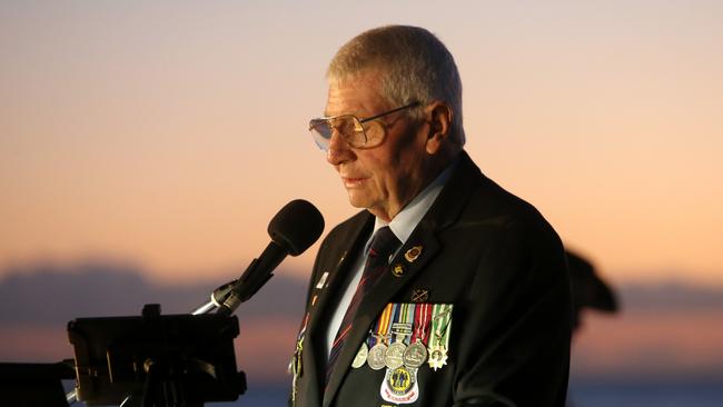 Neville Cullen speaks at an Anzac Day dawn service at Redcliffe. Picture Chris Higgins