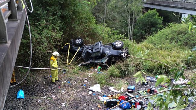 The victim’s Toyota Hilux which was punted off a bridge on the M1 at Morisset, trapping her. Picture: Westpac Rescue Helicopter