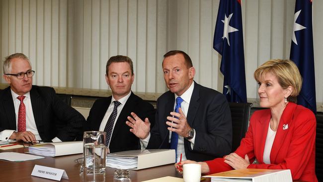 Tony Abbott flanked by Communication Minister Malcolm Turnbull, Education Minister Christopher Pyne and Foreign Affairs Minister Julie Bishop at the Cabinet meeting in Adelaide. Picture: Roger Wyman