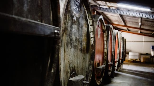 Oak barrels used to store ageing wine.