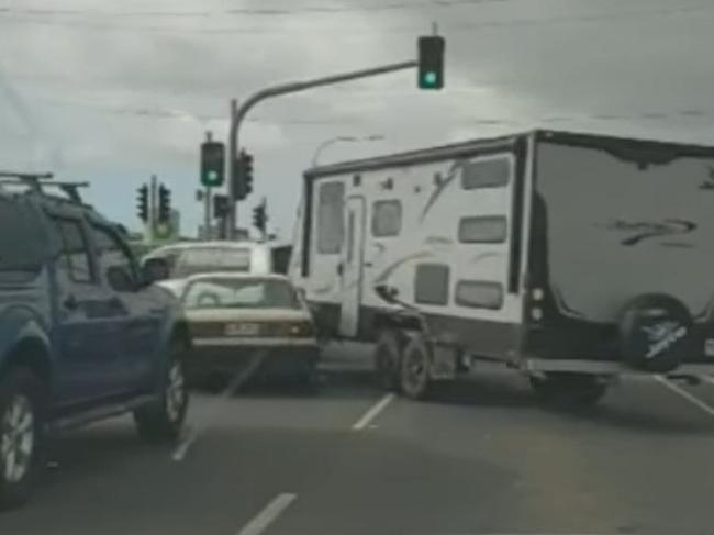 The moment a road rage incident on a Bundaberg intersection escalates. Picture: Nine News.