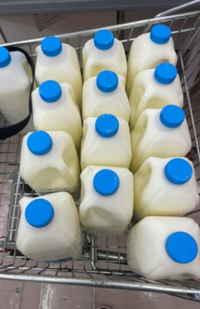 A Coles shopper shared this snap of her epic milk haul after she nabbed the items for 10 cents each. Picture: Facebook