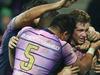 MELBOURNE, AUSTRALIA - MAY 10: Kurt Mann (R) of the Storm is hugged by teamates after scoring a try during the round nine NRL match between the Melbourne Storm and the Manly-Warringah Sea Eagles at AAMI Park on May 10, 2014 in Melbourne, Australia. (Photo by Michael Dodge/Getty Images)