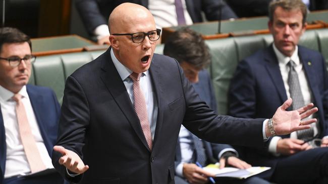 Peter Dutton compared Anthony Albanese to Kevin Rudd during a parliamentary attack over the Indigenous voice to parliament. Picture: NCA NewsWire / Martin Ollman