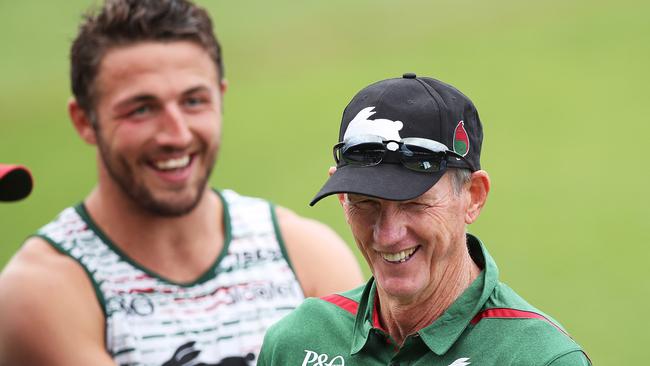 Wayne Bennett all smiles having a laugh with Sam Burgess at Redfern Oval for his first session as South Sydney Rabbitohs coach. Picture. Phil Hillyard