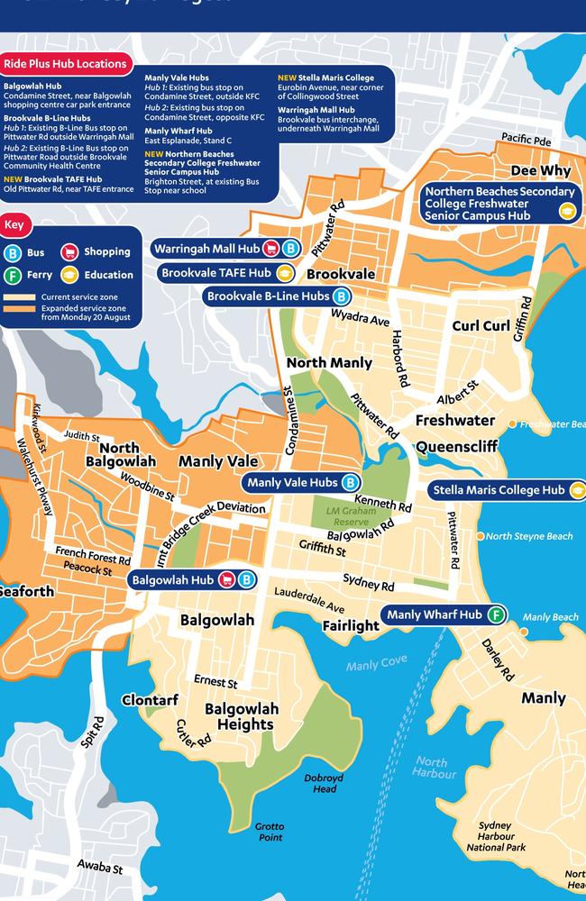 Map showing current and expanded zones for Manly's on demand bus service.