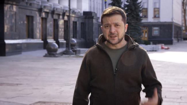 Ukrainian Presidency, Ukrainian President Volodymyr Zelensky speaks from in a street of Kyiv. Picture: Ukrainian Presidential Press Service/AFP