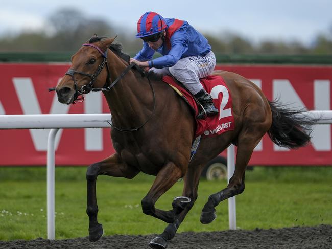 SUNBURY, ENGLAND - APRIL 01: Ryan Moore riding Dubai Honour win The Virgin Bet Every Saturday Money Back Magnolia Stakes at Kempton Park Racecourse on April 01, 2024 in Sunbury, England. (Photo by Alan Crowhurst/Getty Images)