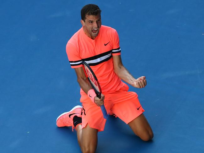 Grigor Dimitrov celebrates his win over Andrey Rublev. Photo: Getty Images