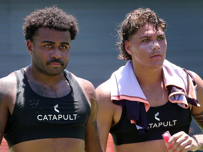 Ezra Mam and Reece Walsh, Brisbane Broncos training, Red Hill. Picture: Liam Kidston