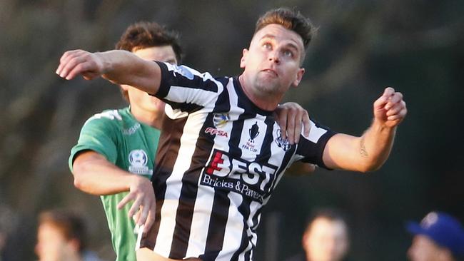 FFA Cup quarterfinal. Bentleigh Greens vs Adelaide City at Kingston Soccer Complex. Adelaides Nick Budin and Greens Jack Webster compete. Pic: Michael Klein