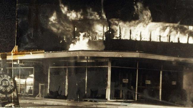 Blaze at firebombed Whiskey Au Go Go nightclub in Brisbane on March 8, 1973, where 15 people died.