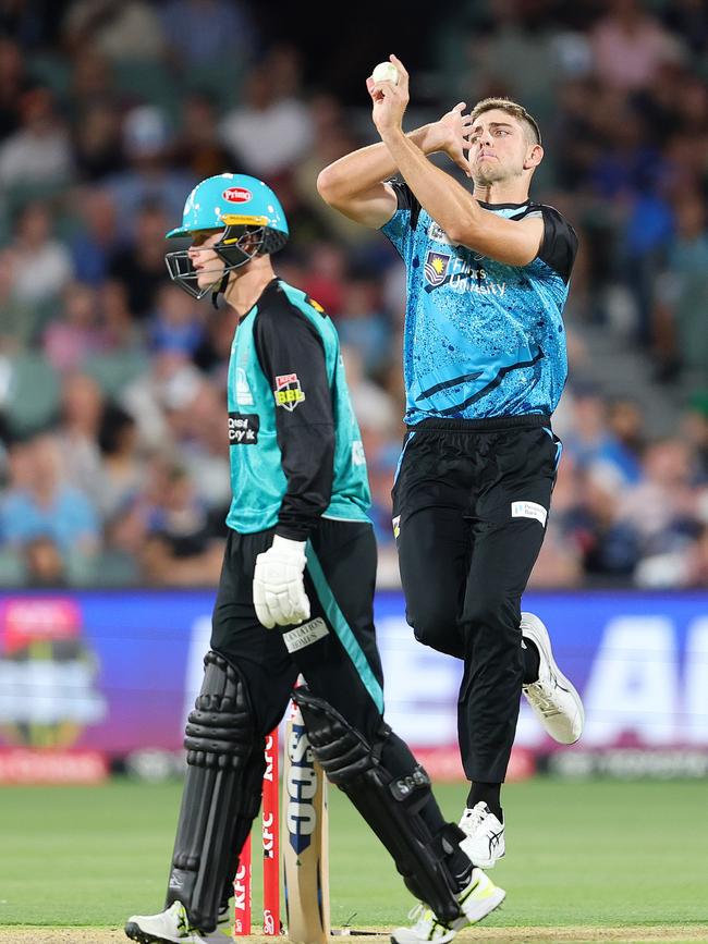 Liam Haskett bowling for the Adelaide Strikers against Brisbane Heat at Adelaide Oval, on January 11. Picture: Sarah Reed/Getty Images