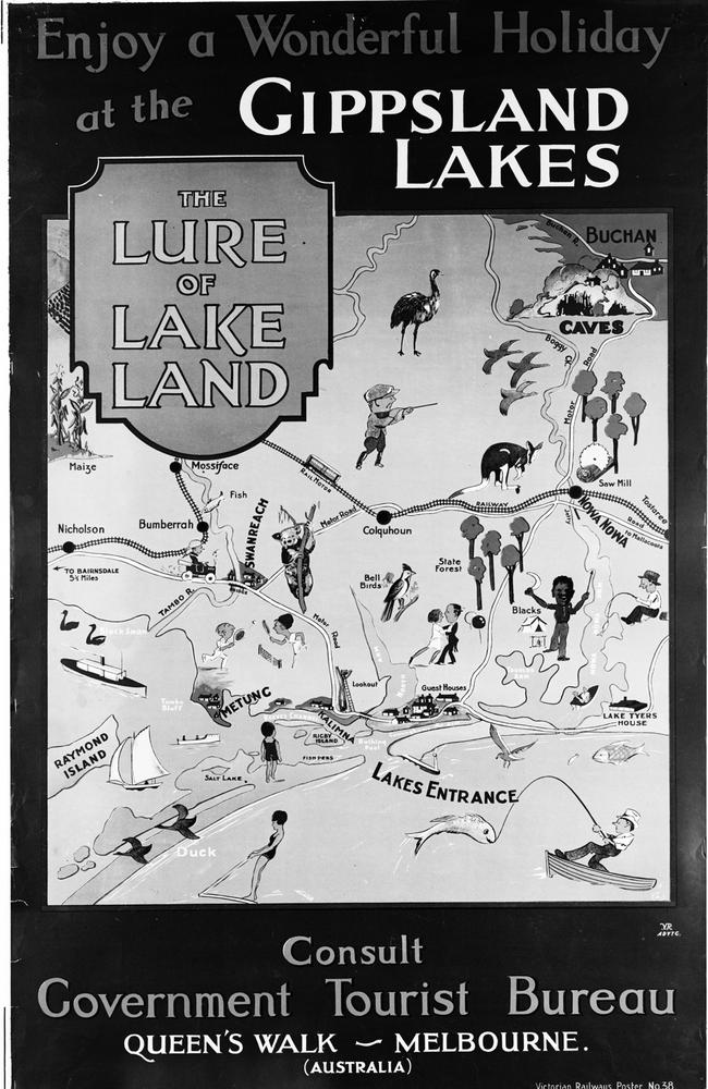 An advertisement showing the attractions around Gippsland Lakes. Public Record Office Victoria image citation: VPRS 12903-p00001-BOXP502-8