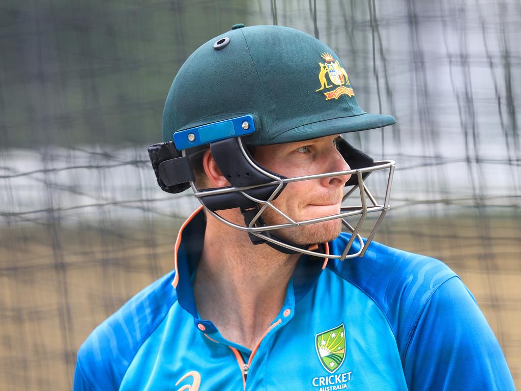 Steve Smith wearing a helmet with a neck guard. Smith has been reluctant in the past to wearing the guard. Picture: Mark Evans/Getty Images