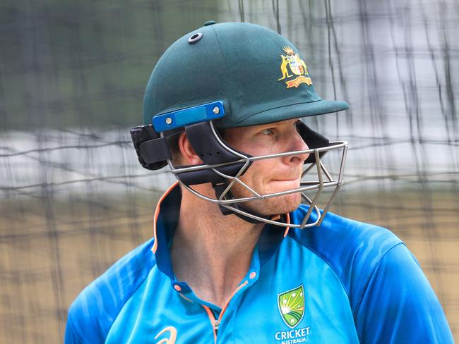 Steve Smith wearing a helmet with a neck guard. Smith has been reluctant in the past to wearing the guard. Picture: Mark Evans/Getty Images