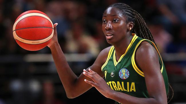 SYDNEY, AUSTRALIA - SEPTEMBER 26: Ezi Magbegor of Australia handles the ball during the 2022 FIBA Women's Basketball World Cup Group B match between Australia and Canada at Sydney Superdome, on September 26, 2022, in Sydney, Australia. (Photo by Kelly Defina/Getty Images)