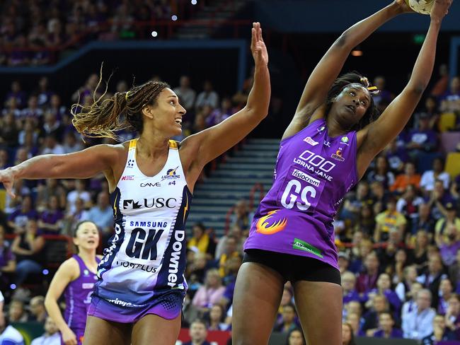 Sharpshooter Romelda Aiken remains in the purple dress, but Geva Mentor has left Sunshine Coast. Pic: AAP