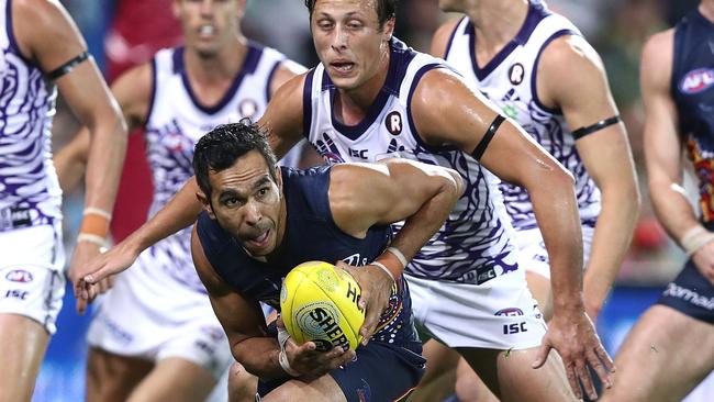 Crow Eddie Betts breaks away from a gang of Fremantle defenders at Adelaide Oval. Picture: Ryan Pierse (Getty Images)