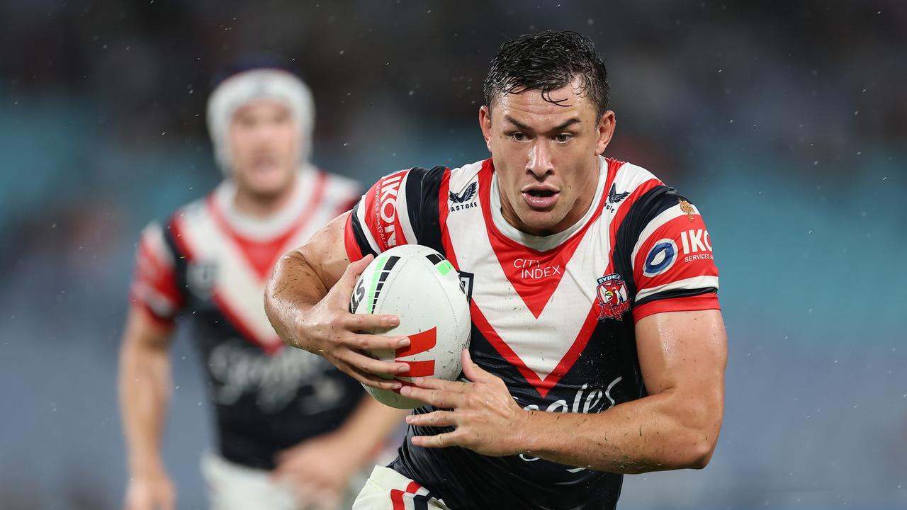 SYDNEY, AUSTRALIA - APRIL 05: JosephÃ&#130;Â Manu of the Roosters runs the ball during the round five NRL match between Canterbury Bulldogs and Sydney Roosters at Accor Stadium on April 05, 2024, in Sydney, Australia. (Photo by Cameron Spencer/Getty Images)