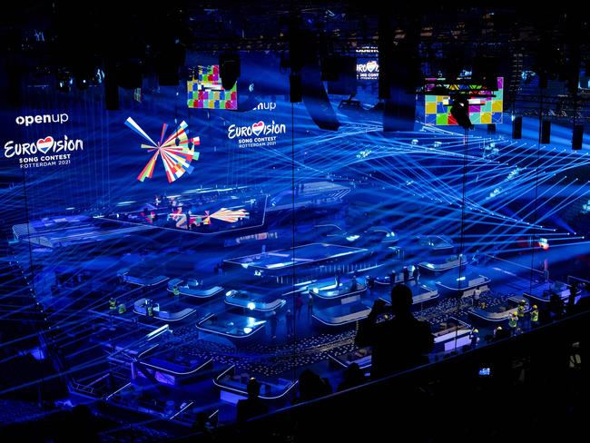 Workers prepare The Ahoy Stadium in Rotterdam. Picture: AFP.