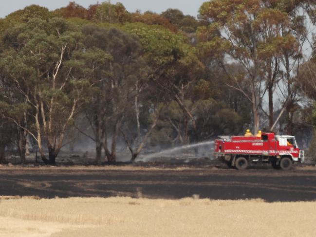 Fire crews get a grass fire under control near Shelford, about 11km from the Beyond The Valley music festival. Picture: Alan Barber