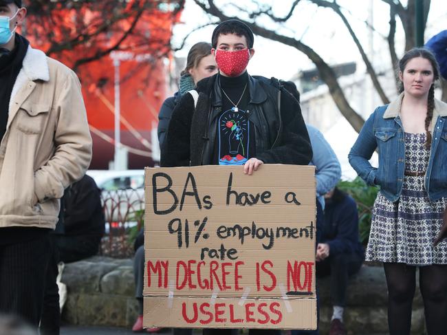 UTAS bachelor of arts student Milly Crombie at the rally against proposed changes to HECS fees. Picture: NIKKI DAVIS-JONES