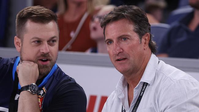 MELBOURNE, AUSTRALIA - FEBRUARY 11: AFL Bulldogs head coach Luke Beveridge looks on during the round 19 NBL match between Melbourne United and New Zealand Breakers at John Cain Arena, on February 11, 2024, in Melbourne, Australia. (Photo by Daniel Pockett/Getty Images)