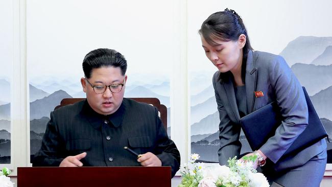 North Korea's leader Kim Jong-un, left, and his sister Kim Yo-jong, right. Picture: STR/Korea Summit Press Pool/AFP